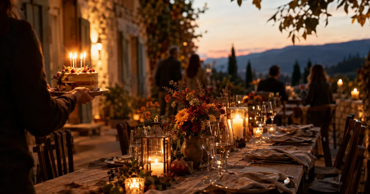 Table d'anniversaire dressée à la bougie dans une maison provençale, gâteau allumé prêt à être servi aux invités