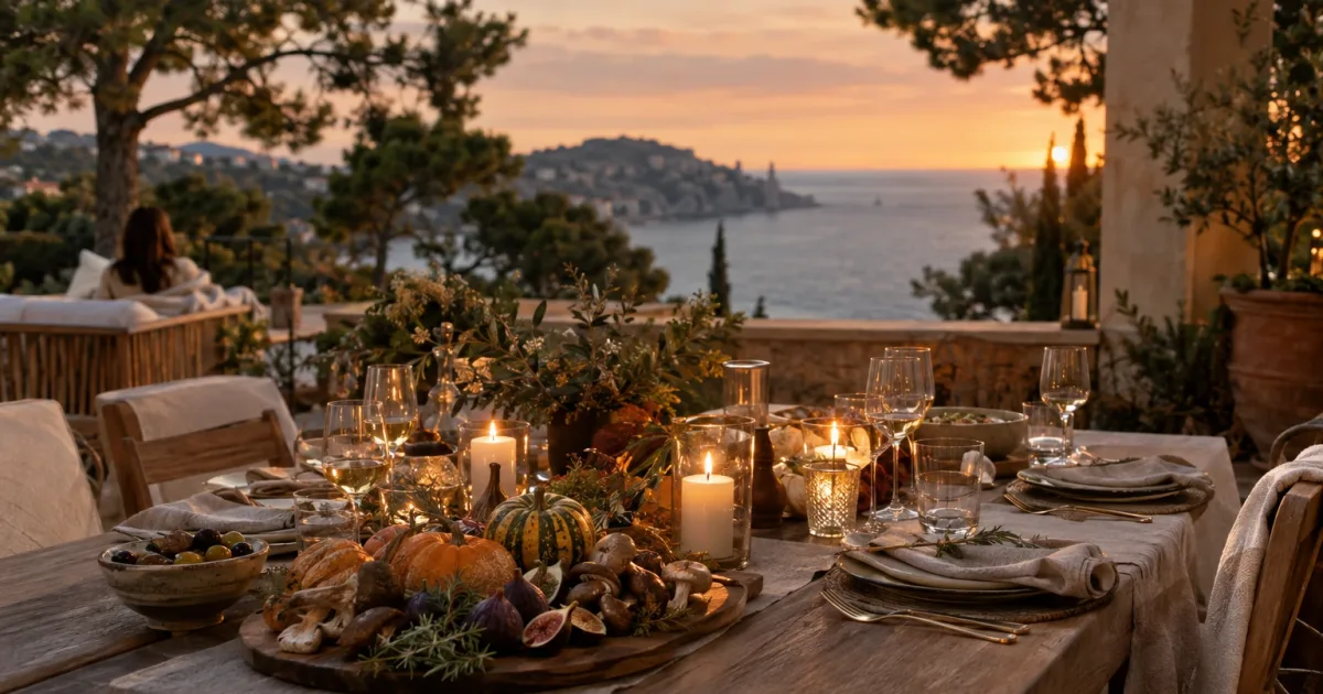 Table dressée sur une terrasse de villa de la Riviera au crépuscule, avec produits d'automne et bougies