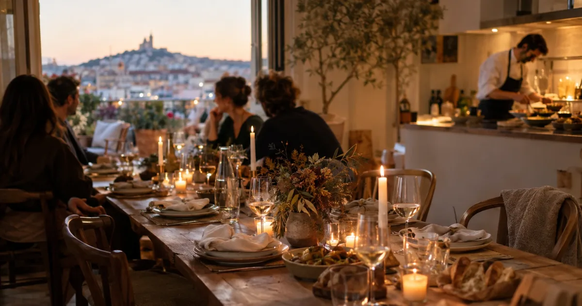 Table dressée pour un dîner d'anniversaire à Marseille, la cheffe dressant un plat en cuisine