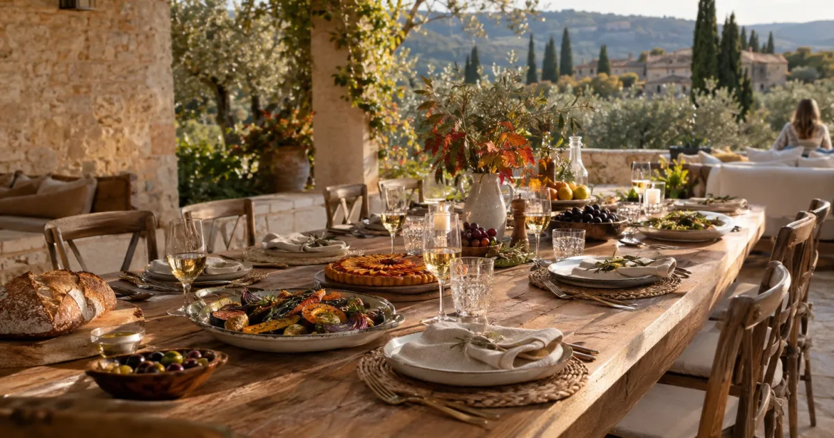 Table d'automne dressée sur la terrasse d'une villa provençale avec plats de saison et tarte aux fruits